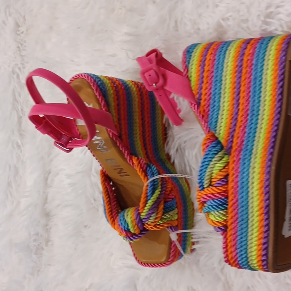 Gianni Bini Rainbow Striped Platform Sandals with Pink Straps - Picture 2 of 16